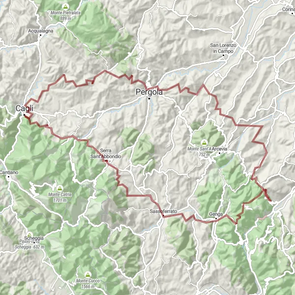 Miniatura della mappa di ispirazione al ciclismo "Avventura estrema tra le montagne marchigiane" nella regione di Marche, Italy. Generata da Tarmacs.app, pianificatore di rotte ciclistiche