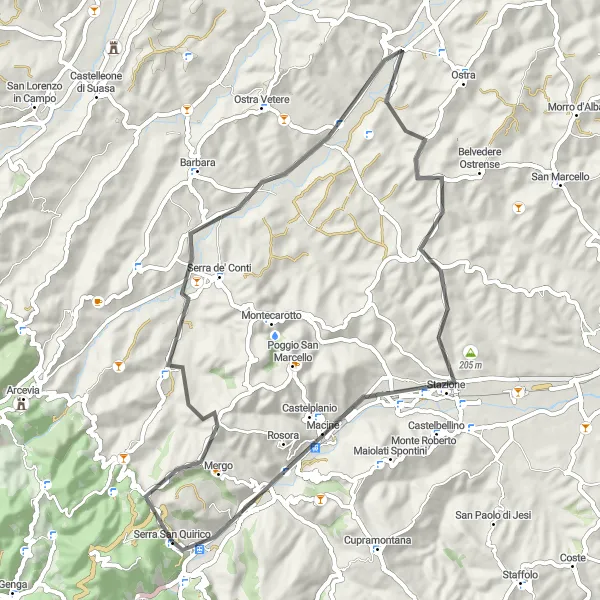 Miniatura della mappa di ispirazione al ciclismo "Passeggiata panoramica attraverso Mergo e Castelplanio" nella regione di Marche, Italy. Generata da Tarmacs.app, pianificatore di rotte ciclistiche