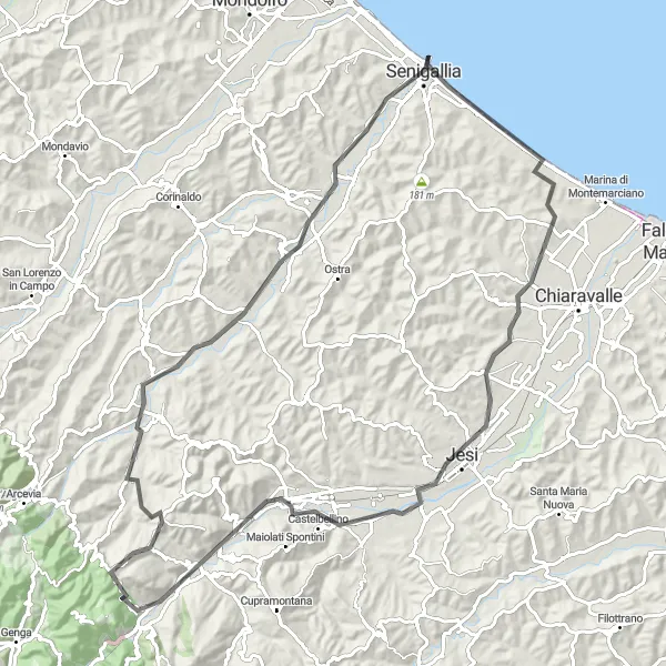 Miniatura della mappa di ispirazione al ciclismo "Tour delle Valli Marchigiane" nella regione di Marche, Italy. Generata da Tarmacs.app, pianificatore di rotte ciclistiche