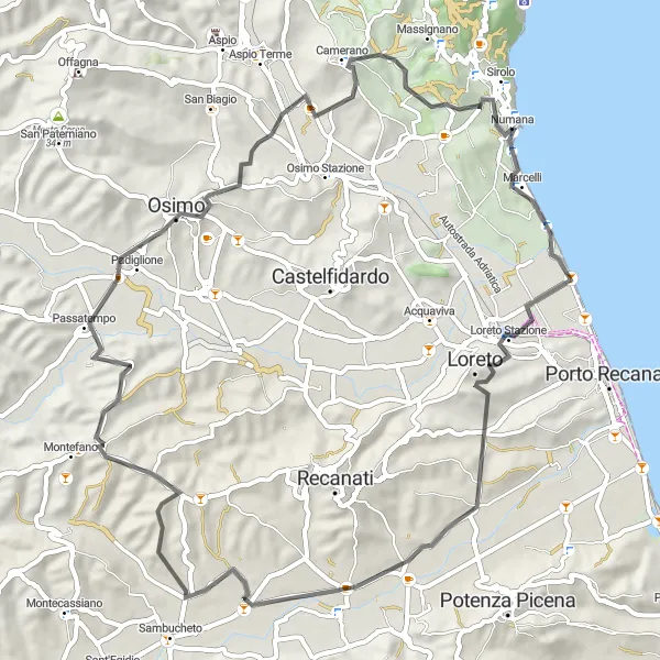 Miniature de la carte de l'inspiration cycliste "La Route des Châteaux" dans la Marche, Italy. Générée par le planificateur d'itinéraire cycliste Tarmacs.app