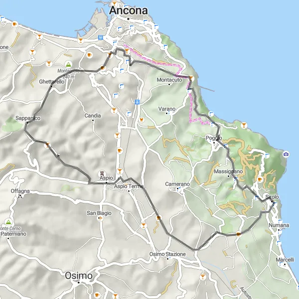 Miniatuurkaart van de fietsinspiratie "Verken Montagnolo en Monte Larciano" in Marche, Italy. Gemaakt door de Tarmacs.app fietsrouteplanner