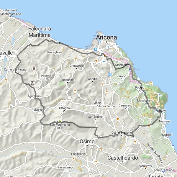 Miniatuurkaart van de fietsinspiratie "Sirolo naar Monte Larciano Road Route" in Marche, Italy. Gemaakt door de Tarmacs.app fietsrouteplanner