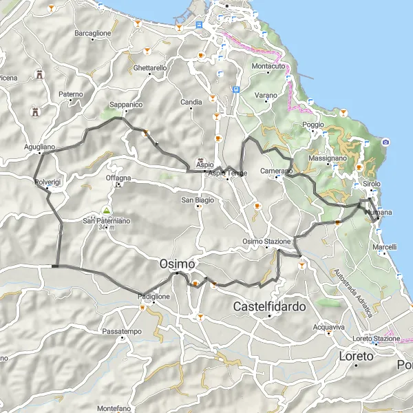 Miniatuurkaart van de fietsinspiratie "Rondrit vanuit Sirolo via Gòmero naar Numana" in Marche, Italy. Gemaakt door de Tarmacs.app fietsrouteplanner