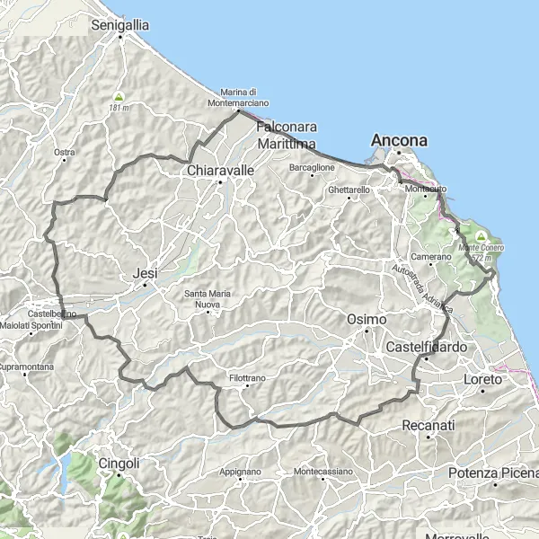 Miniature de la carte de l'inspiration cycliste "L'Escapade Panoramique" dans la Marche, Italy. Générée par le planificateur d'itinéraire cycliste Tarmacs.app