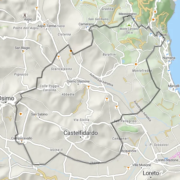 Miniatuurkaart van de fietsinspiratie "Fietsavontuur langs Campanari en Balaustra dei Tre Pini" in Marche, Italy. Gemaakt door de Tarmacs.app fietsrouteplanner