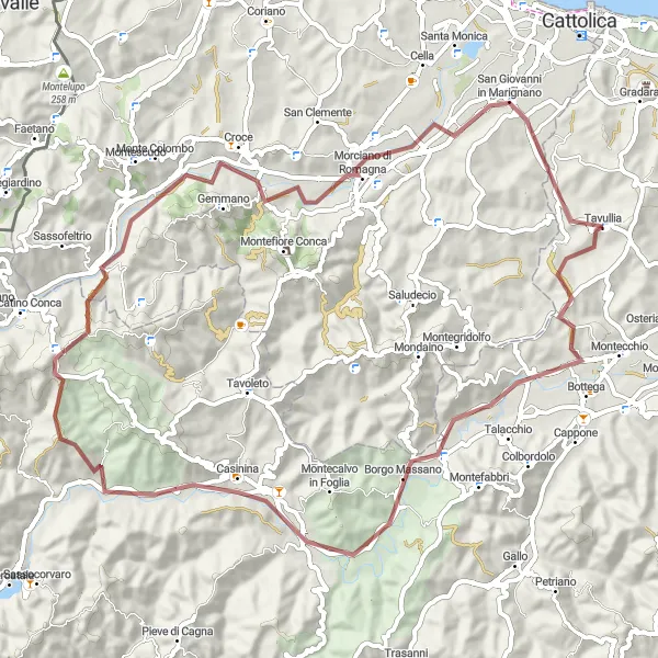 Miniatuurkaart van de fietsinspiratie "Gravelavontuur in Auditore en San Giovanni in Marignano" in Marche, Italy. Gemaakt door de Tarmacs.app fietsrouteplanner