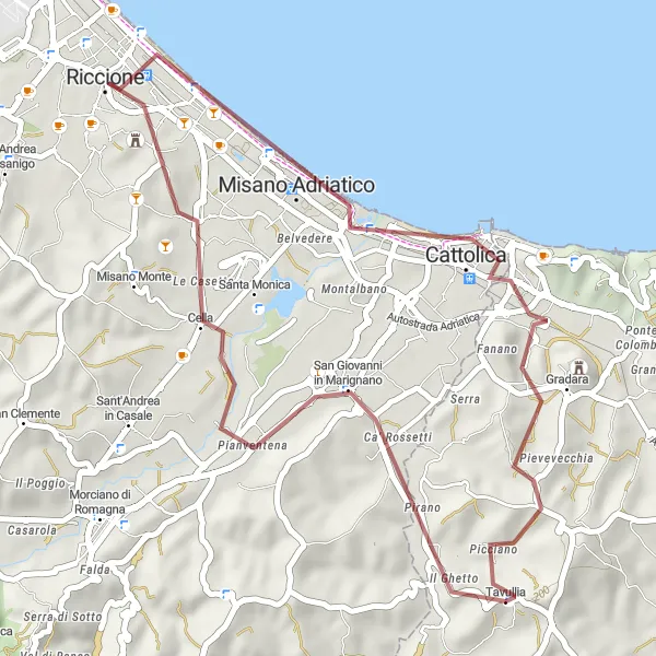 Map miniature of "Gravel Adventure: Tavullia to Gabicce Mare" cycling inspiration in Marche, Italy. Generated by Tarmacs.app cycling route planner