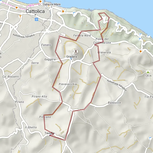 Miniatuurkaart van de fietsinspiratie "Gravelroute via Gradara, La Montagnola en Monteluro" in Marche, Italy. Gemaakt door de Tarmacs.app fietsrouteplanner