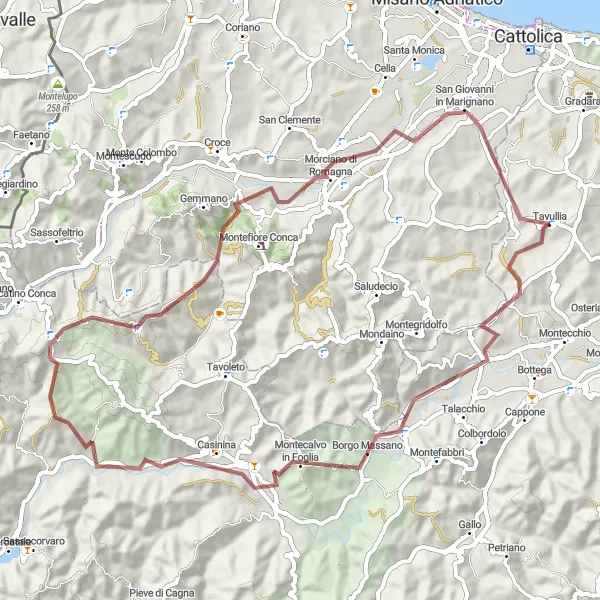 Map miniature of "Discover the Countryside: Tavullia to Auditore Loop" cycling inspiration in Marche, Italy. Generated by Tarmacs.app cycling route planner