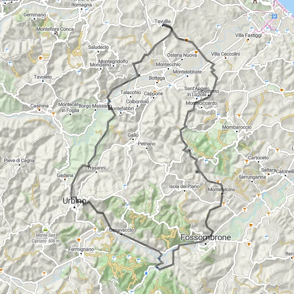 Miniatuurkaart van de fietsinspiratie "Urbino en Monte Verde Road Cycling Route" in Marche, Italy. Gemaakt door de Tarmacs.app fietsrouteplanner