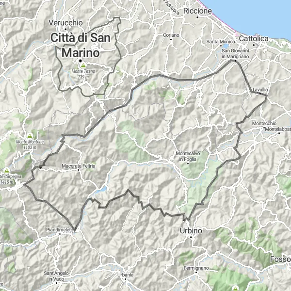 Karten-Miniaturansicht der Radinspiration "Colbordolo-Gadana-Pieve di Cagna-Lunano-Frontino-Monte Cerignone Rundweg" in Marche, Italy. Erstellt vom Tarmacs.app-Routenplaner für Radtouren