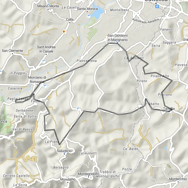 Miniatura della mappa di ispirazione al ciclismo "Giro delle colline marchigiane" nella regione di Marche, Italy. Generata da Tarmacs.app, pianificatore di rotte ciclistiche