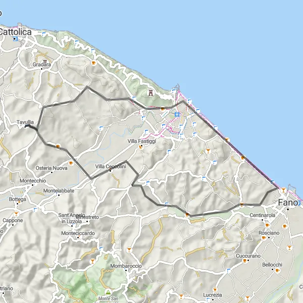 Miniatura della mappa di ispirazione al ciclismo "Giro tra Monte della Badia e Pesaro" nella regione di Marche, Italy. Generata da Tarmacs.app, pianificatore di rotte ciclistiche