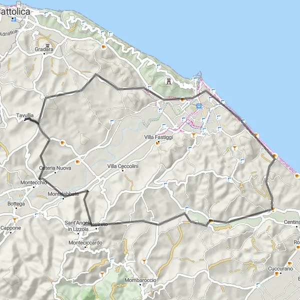 Miniatura della mappa di ispirazione al ciclismo "Cicloturismo tra Monte della Badia e Montelabbate" nella regione di Marche, Italy. Generata da Tarmacs.app, pianificatore di rotte ciclistiche