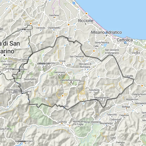 Map miniature of "Tavullia and Montegridolfo Loop" cycling inspiration in Marche, Italy. Generated by Tarmacs.app cycling route planner