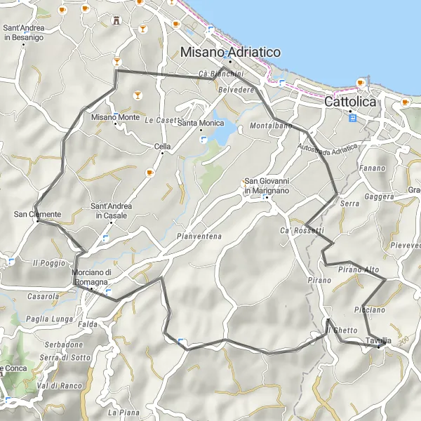 Miniatuurkaart van de fietsinspiratie "Verkenningen in Morciano di Romagna en Misano Adriatico" in Marche, Italy. Gemaakt door de Tarmacs.app fietsrouteplanner