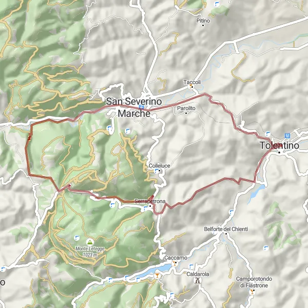 Map miniature of "Monte Schiena Gravel Route" cycling inspiration in Marche, Italy. Generated by Tarmacs.app cycling route planner