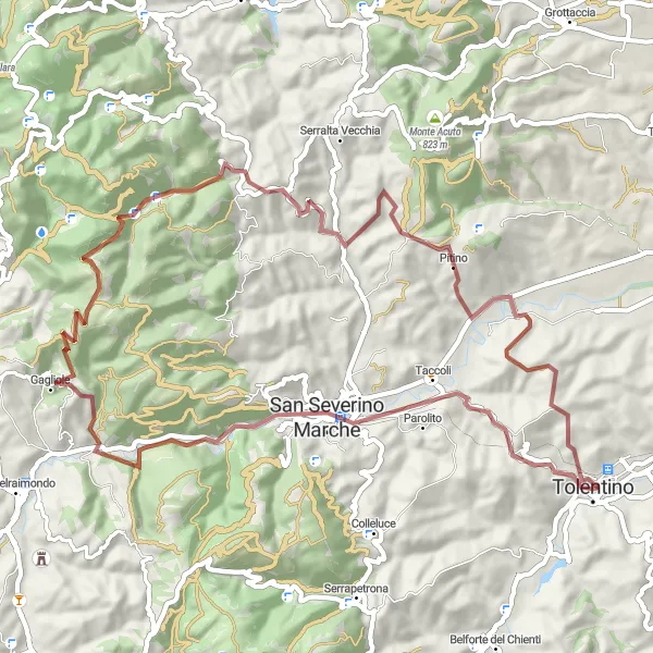 Miniatura della mappa di ispirazione al ciclismo "Giro in Gravel attraverso i Colli Tolentini" nella regione di Marche, Italy. Generata da Tarmacs.app, pianificatore di rotte ciclistiche