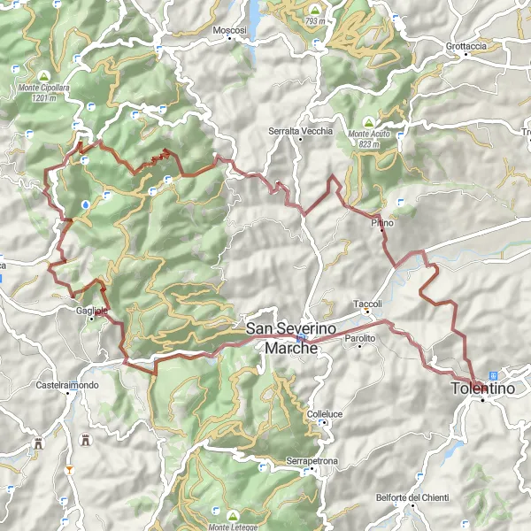 Miniatura della mappa di ispirazione al ciclismo "Gravel delle Cascate" nella regione di Marche, Italy. Generata da Tarmacs.app, pianificatore di rotte ciclistiche