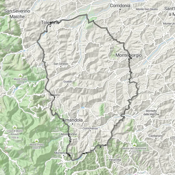 Miniatura della mappa di ispirazione al ciclismo "Avventura ciclistica tra Abbadia Fiastra e Belforte del Chienti" nella regione di Marche, Italy. Generata da Tarmacs.app, pianificatore di rotte ciclistiche