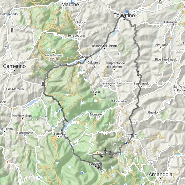 Miniatura della mappa di ispirazione al ciclismo "Circuito attraverso Sarnano e Rocca Varano" nella regione di Marche, Italy. Generata da Tarmacs.app, pianificatore di rotte ciclistiche