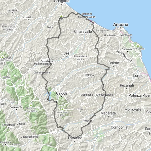 Miniatura della mappa di ispirazione al ciclismo "Tour su Strada tra i Monti Marchigiani" nella regione di Marche, Italy. Generata da Tarmacs.app, pianificatore di rotte ciclistiche