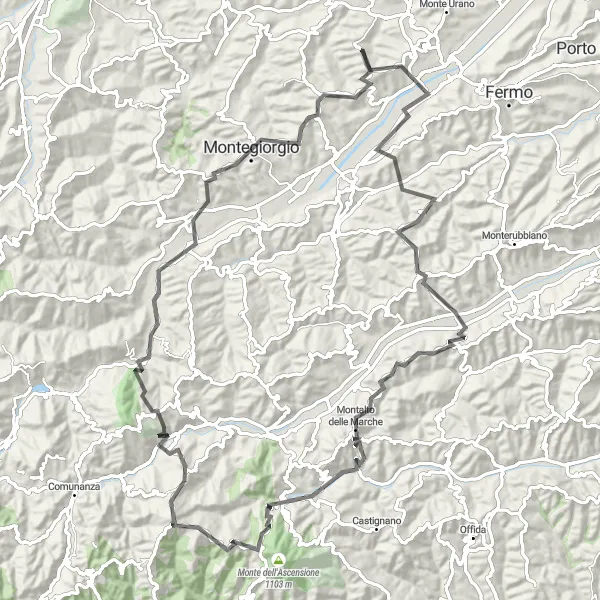 Map miniature of "Rolling Hills of Fermo" cycling inspiration in Marche, Italy. Generated by Tarmacs.app cycling route planner