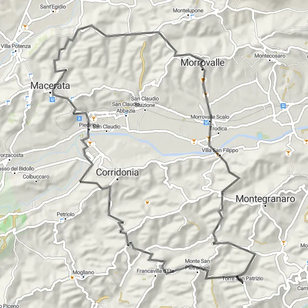 Karten-Miniaturansicht der Radinspiration "Entlang der Hügel von Torre San Patrizio" in Marche, Italy. Erstellt vom Tarmacs.app-Routenplaner für Radtouren