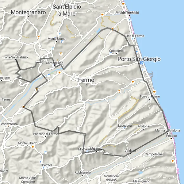 Map miniature of "Coastal Retreat" cycling inspiration in Marche, Italy. Generated by Tarmacs.app cycling route planner