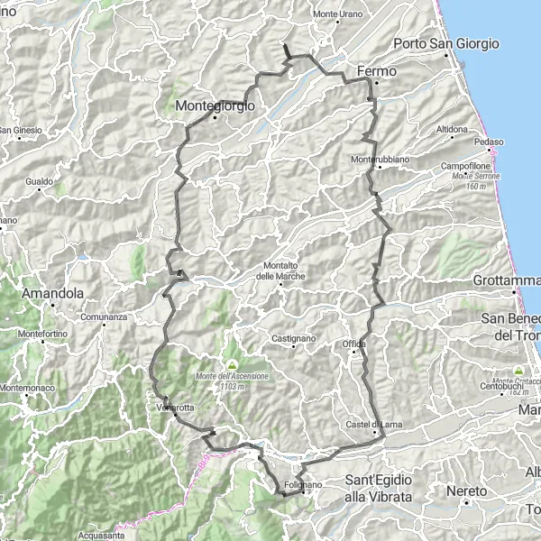 Miniatura della mappa di ispirazione al ciclismo "Giro Panoramico sui Colli Marchigiani" nella regione di Marche, Italy. Generata da Tarmacs.app, pianificatore di rotte ciclistiche