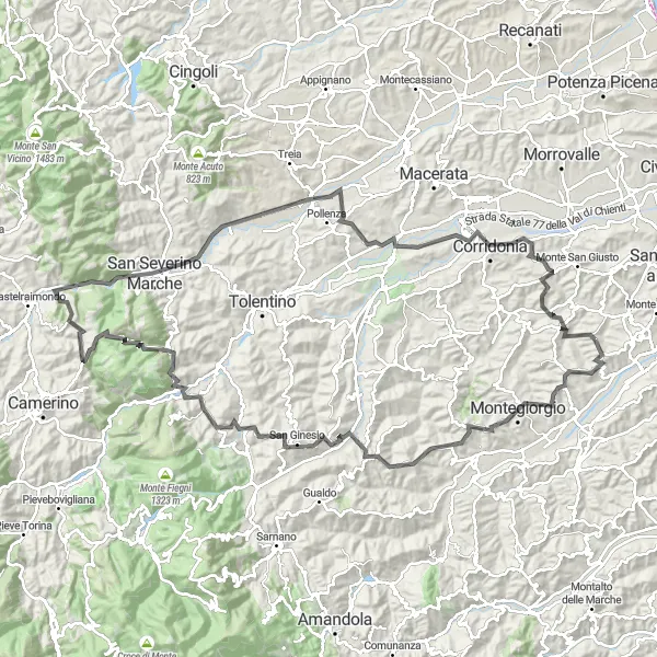 Miniature de la carte de l'inspiration cycliste "Aventure dans les montagnes" dans la Marche, Italy. Générée par le planificateur d'itinéraire cycliste Tarmacs.app