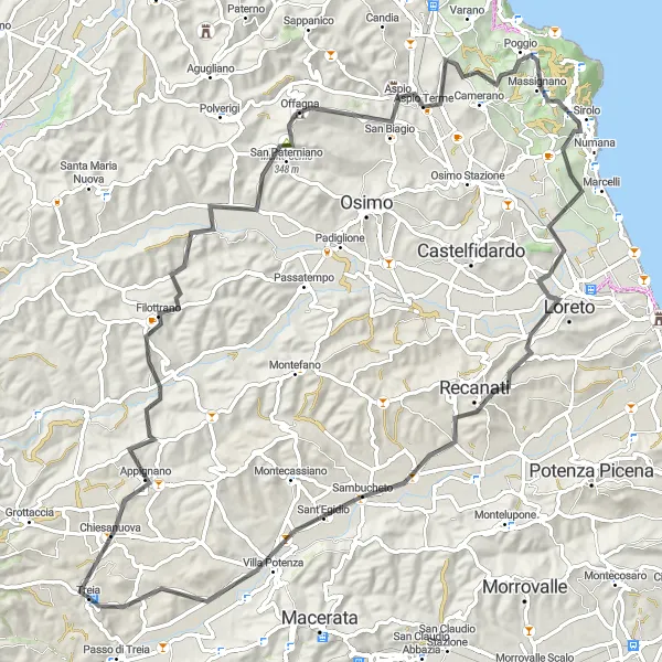 Map miniature of "Hills and Coasts Experience" cycling inspiration in Marche, Italy. Generated by Tarmacs.app cycling route planner