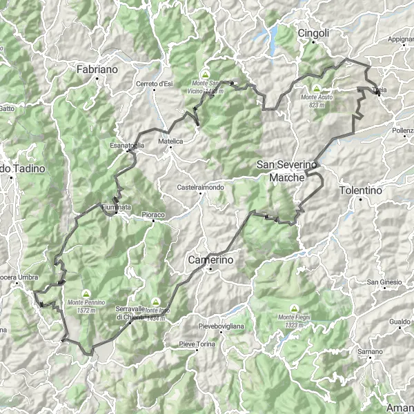 Miniature de la carte de l'inspiration cycliste "Le défi de Treia à Bagni Stravignano" dans la Marche, Italy. Générée par le planificateur d'itinéraire cycliste Tarmacs.app