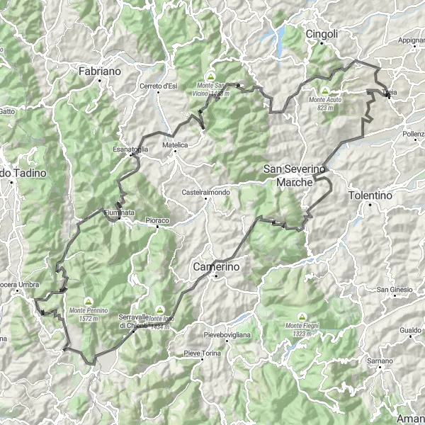 Map miniature of "Mountain Challenge" cycling inspiration in Marche, Italy. Generated by Tarmacs.app cycling route planner