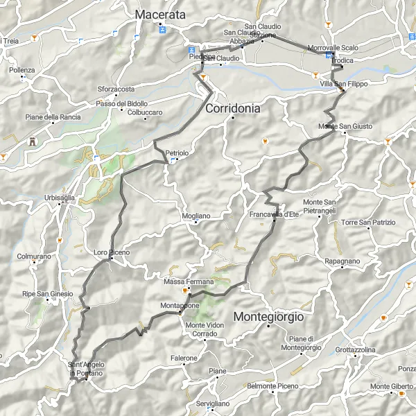 Miniatuurkaart van de fietsinspiratie "Heuvelachtige Tour van Trodica" in Marche, Italy. Gemaakt door de Tarmacs.app fietsrouteplanner