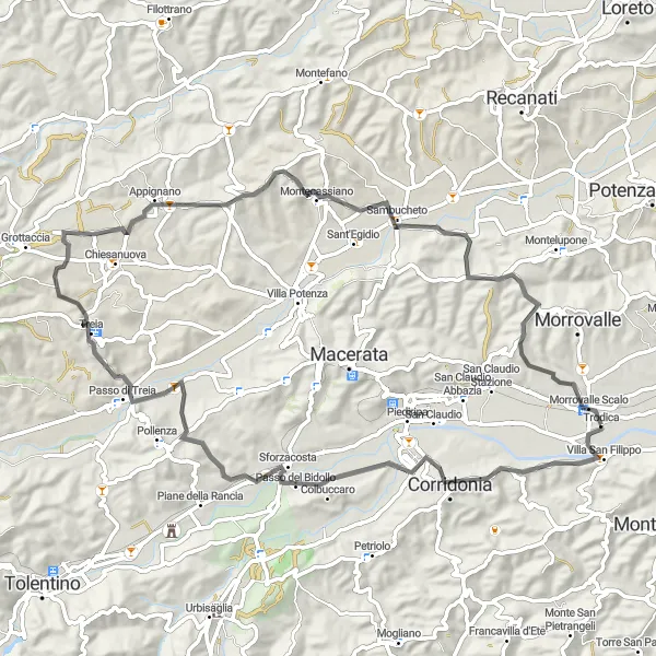 Miniatura della mappa di ispirazione al ciclismo "Alla scoperta delle valli marchigiane" nella regione di Marche, Italy. Generata da Tarmacs.app, pianificatore di rotte ciclistiche