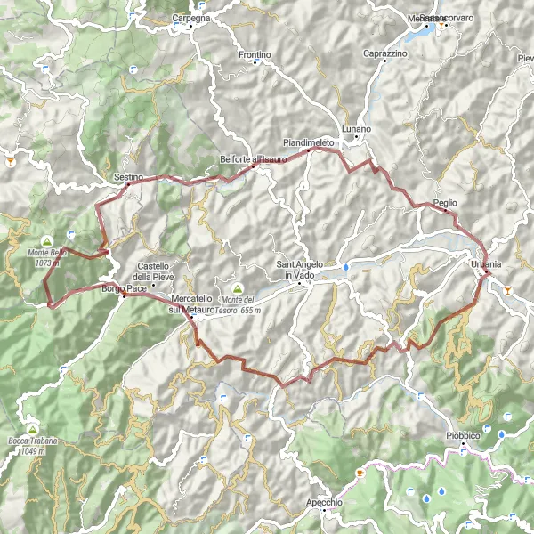 Map miniature of "The Gravel Escape to Sestino" cycling inspiration in Marche, Italy. Generated by Tarmacs.app cycling route planner