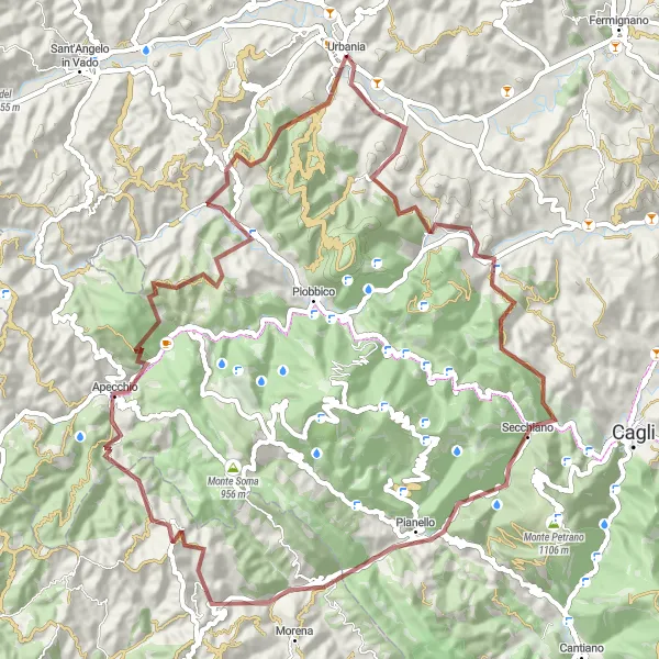 Miniatura della mappa di ispirazione al ciclismo "Gravel Loop from Urbania" nella regione di Marche, Italy. Generata da Tarmacs.app, pianificatore di rotte ciclistiche