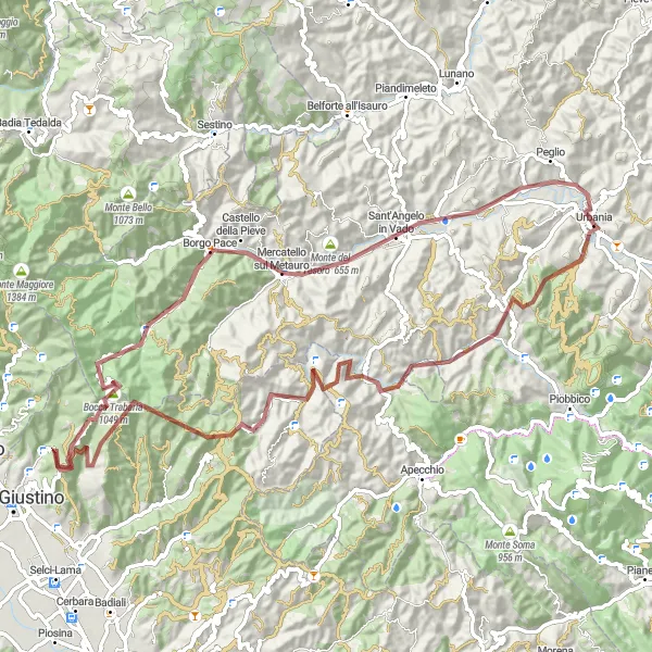 Map miniature of "The Gravel Adventure to Bocca Trabaria and Beyond" cycling inspiration in Marche, Italy. Generated by Tarmacs.app cycling route planner