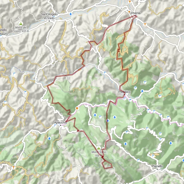 Map miniature of "The Scenic Gravel Route through Apecchio" cycling inspiration in Marche, Italy. Generated by Tarmacs.app cycling route planner
