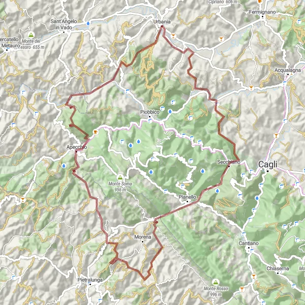 Map miniature of "The Gravel Adventure of Monti Pisani" cycling inspiration in Marche, Italy. Generated by Tarmacs.app cycling route planner