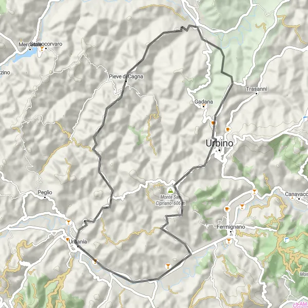 Miniature de la carte de l'inspiration cycliste "Randonnée à vélo de route autour d'Urbania" dans la Marche, Italy. Générée par le planificateur d'itinéraire cycliste Tarmacs.app