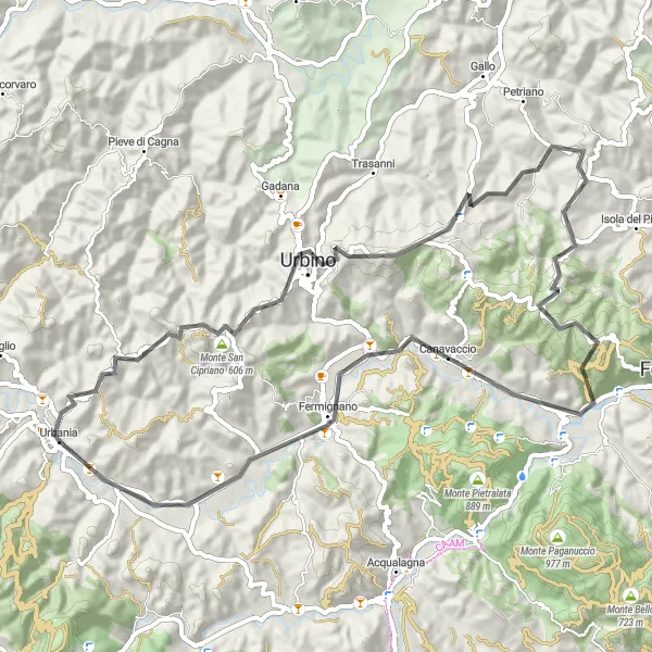 Miniatuurkaart van de fietsinspiratie "Rondrit van Urbania naar Urbania via Giro del Cassero en Monte Brardo" in Marche, Italy. Gemaakt door de Tarmacs.app fietsrouteplanner