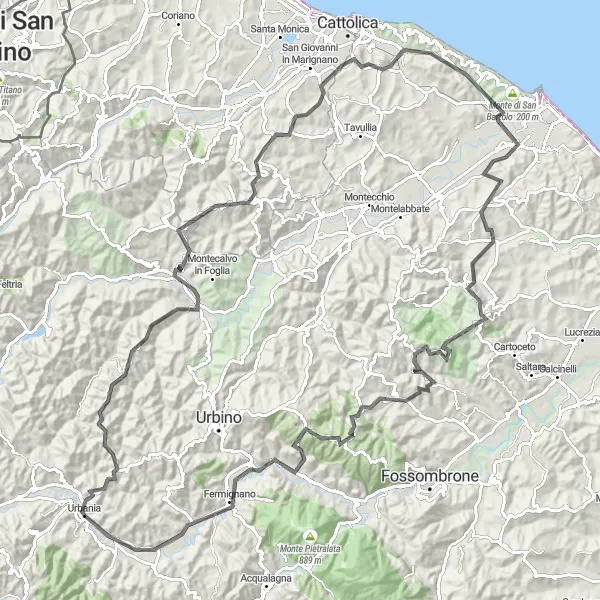 Miniatura della mappa di ispirazione al ciclismo "Giro dei Monti Marchigiani" nella regione di Marche, Italy. Generata da Tarmacs.app, pianificatore di rotte ciclistiche