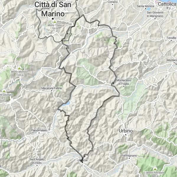 Miniatura della mappa di ispirazione al ciclismo "Giro delle Rocche" nella regione di Marche, Italy. Generata da Tarmacs.app, pianificatore di rotte ciclistiche