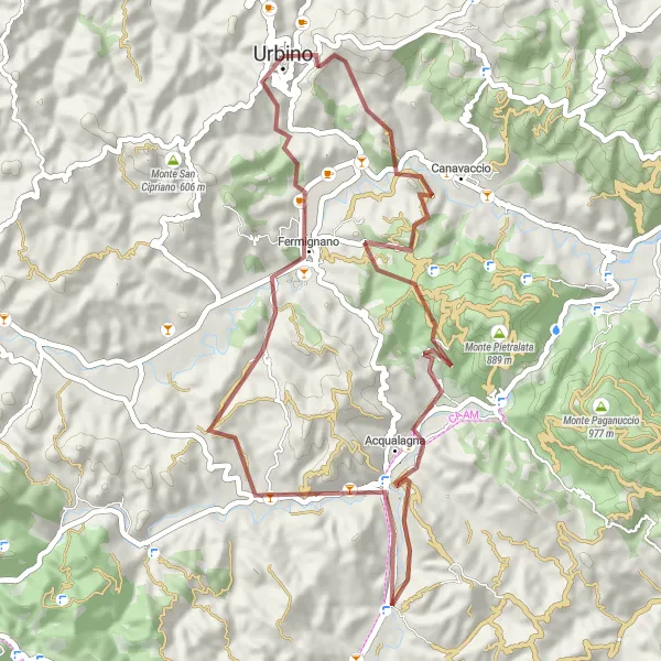Miniature de la carte de l'inspiration cycliste "Aventure Gravillonnée en Terre d'Urbino" dans la Marche, Italy. Générée par le planificateur d'itinéraire cycliste Tarmacs.app