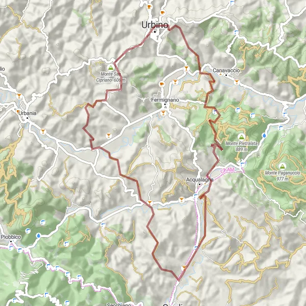 Miniature de la carte de l'inspiration cycliste "Les Sentiers de Gravier Albornoz" dans la Marche, Italy. Générée par le planificateur d'itinéraire cycliste Tarmacs.app