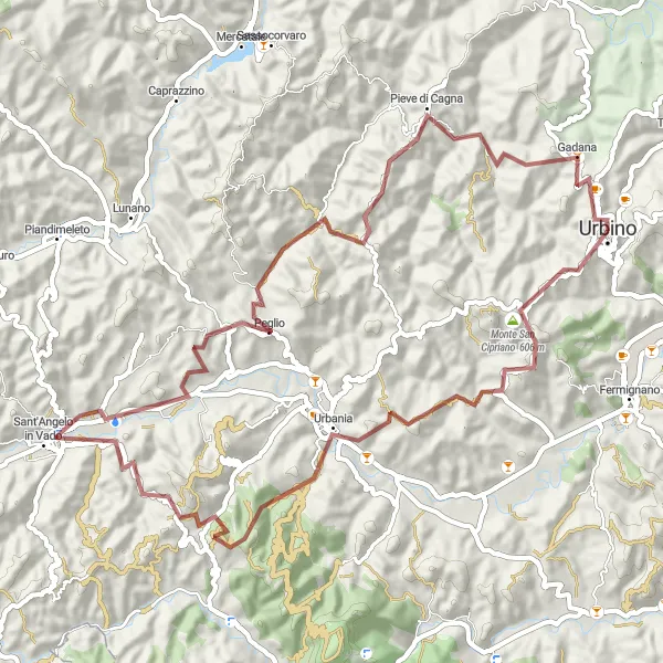 Miniatura della mappa di ispirazione al ciclismo "Nature and history in the heart of Montefeltro" nella regione di Marche, Italy. Generata da Tarmacs.app, pianificatore di rotte ciclistiche