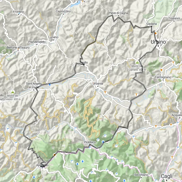 Miniatura della mappa di ispirazione al ciclismo "Urbino - Monte Bono - Giro del Cassero" nella regione di Marche, Italy. Generata da Tarmacs.app, pianificatore di rotte ciclistiche