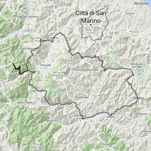 Miniatura della mappa di ispirazione al ciclismo "On the tracks of the Montefeltro lords" nella regione di Marche, Italy. Generata da Tarmacs.app, pianificatore di rotte ciclistiche